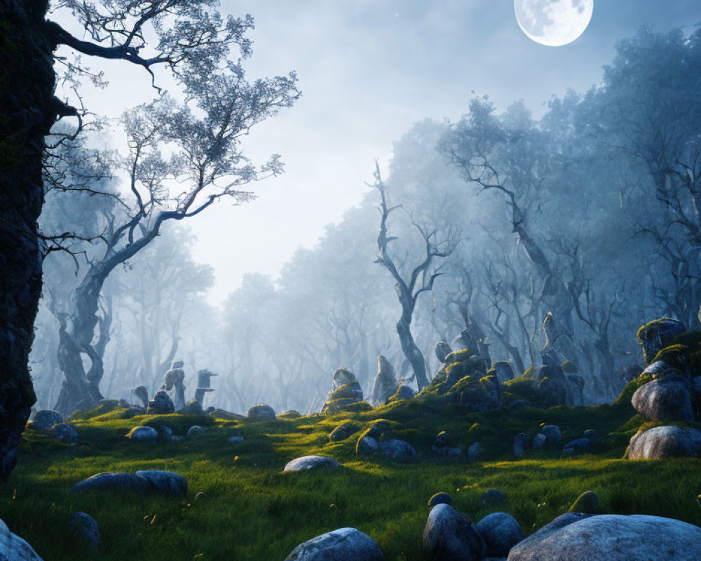 Moonlit Forest: Serene night scene with ancient trees and moss-covered floor