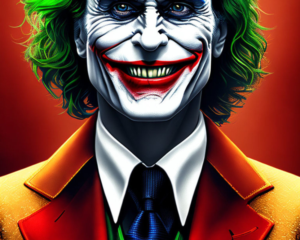 Colorful digital artwork: character with green hair, clown makeup, wide grin, and colorful suit on