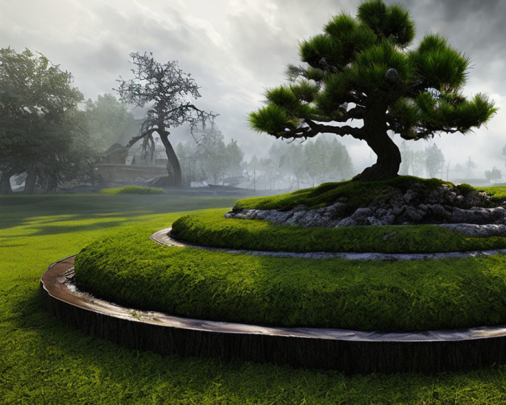 Tranquil bonsai tree in serene landscape