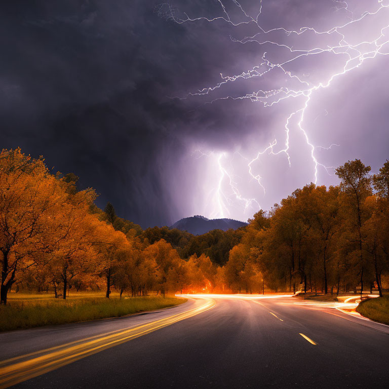 Dramatic stormy sky over winding road and autumn forest landscape