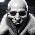 Skull-faced creature with purple eyes and sharp teeth in white fur cloak