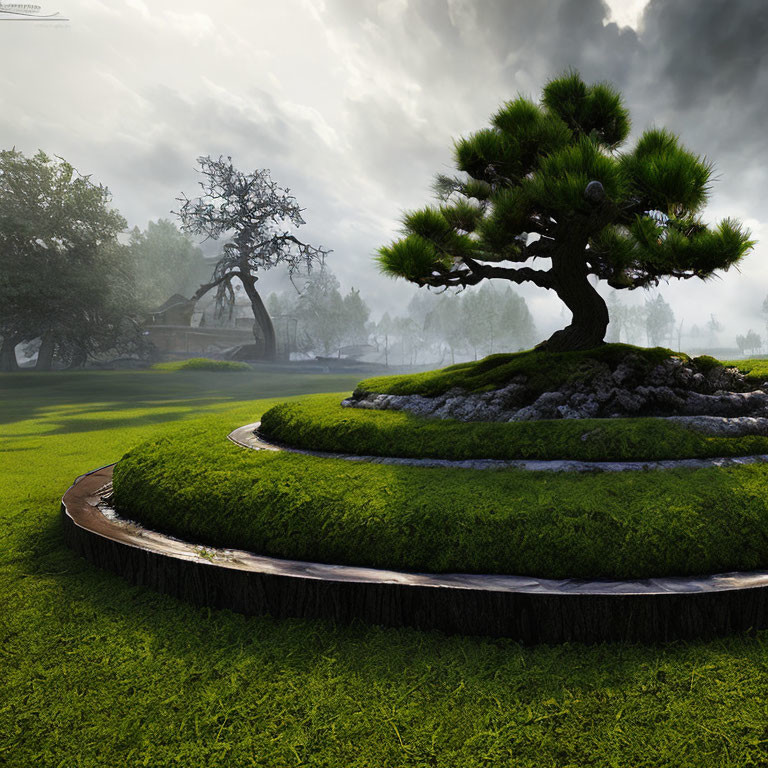 Tranquil bonsai tree in serene landscape