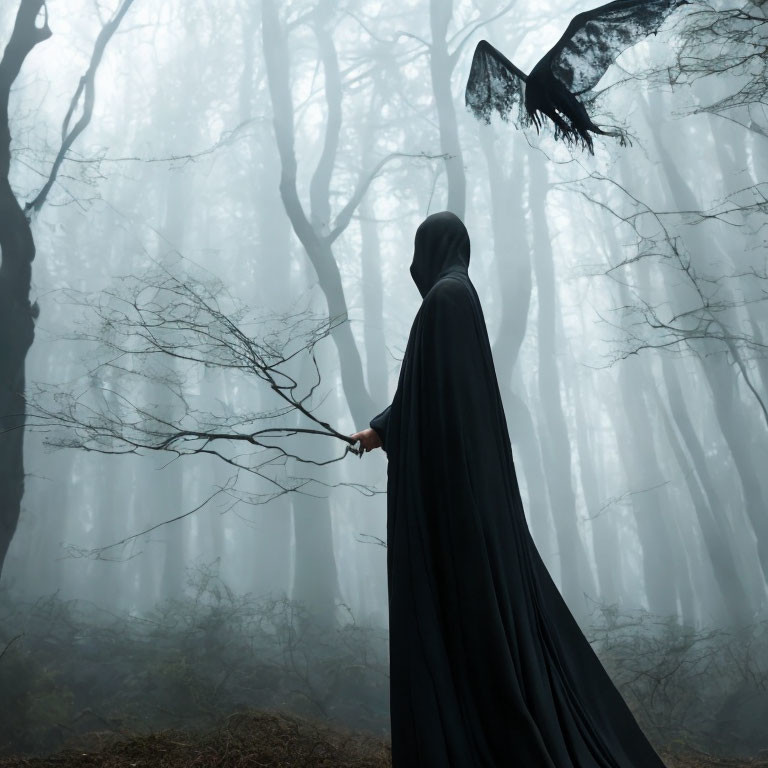 Misty forest scene with cloaked figure, raven, and silhouetted trees