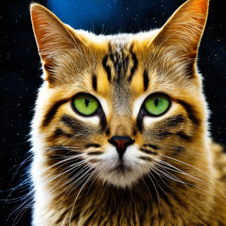 Tabby Cat with Green Eyes and Striped Fur on Starry Night Sky