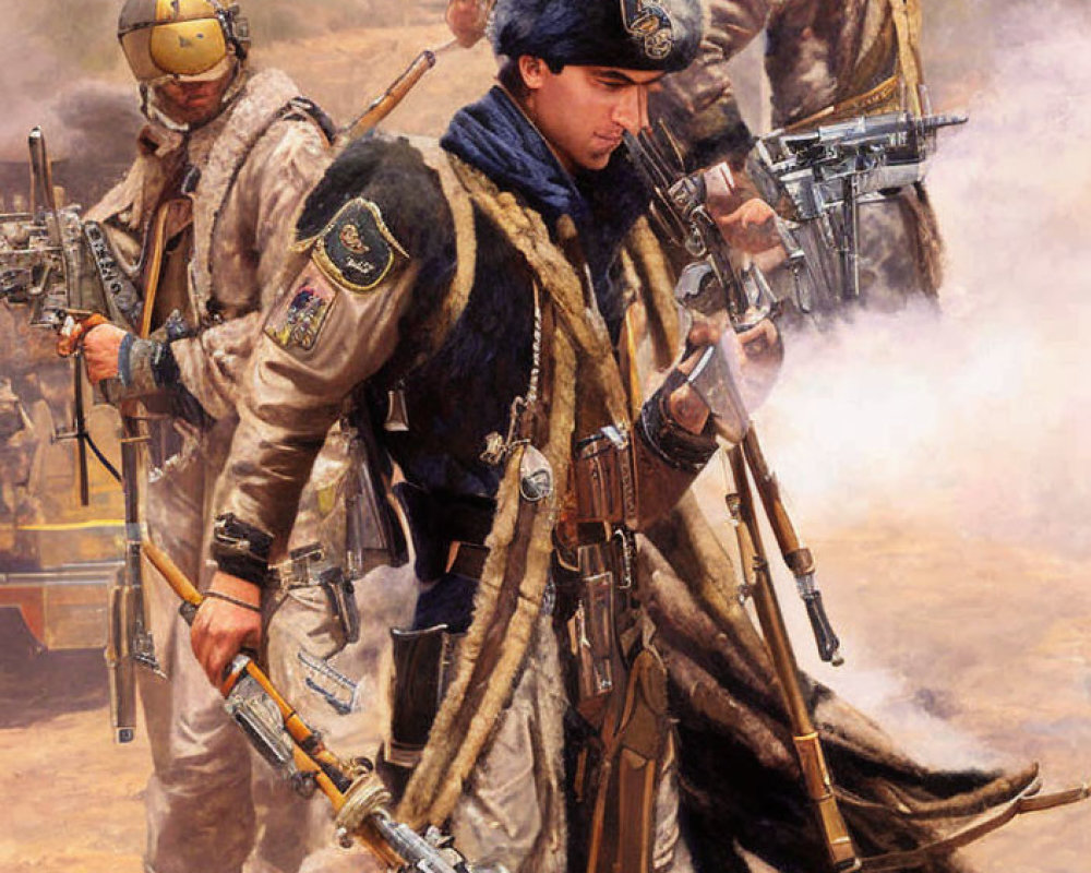 Historical soldiers in fur-trimmed uniforms with rifles on smoky battlefield