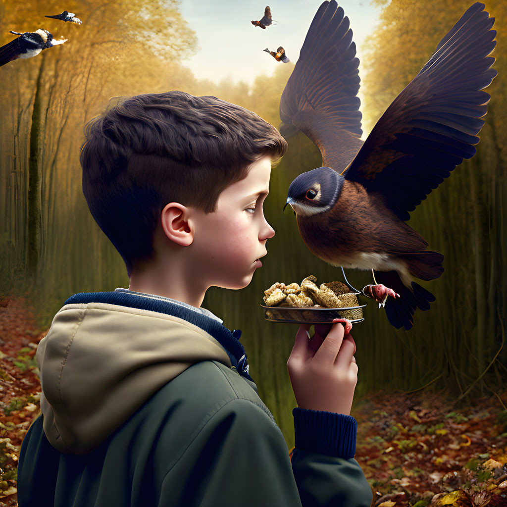 Boy feeding birds in forest with autumn backdrop.