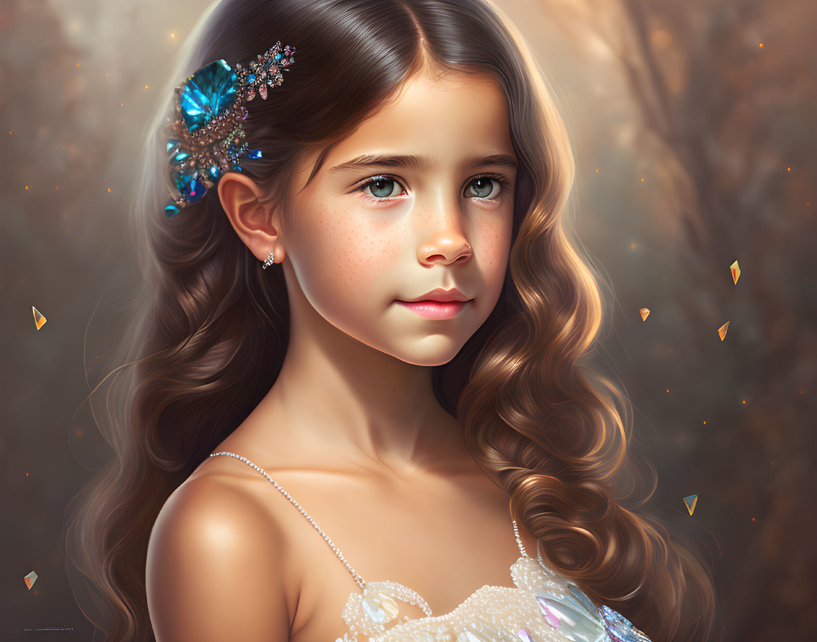 Ethereal digital art: young girl with embellished hair & jewelry