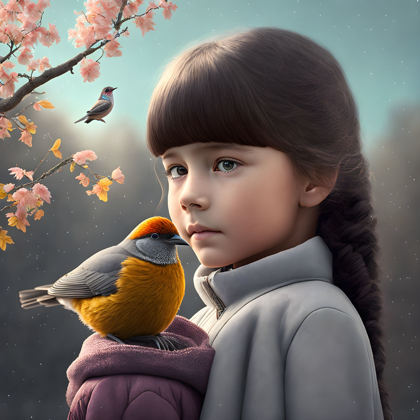 Young girl with braided hair holding colorful bird, cherry blossoms in background