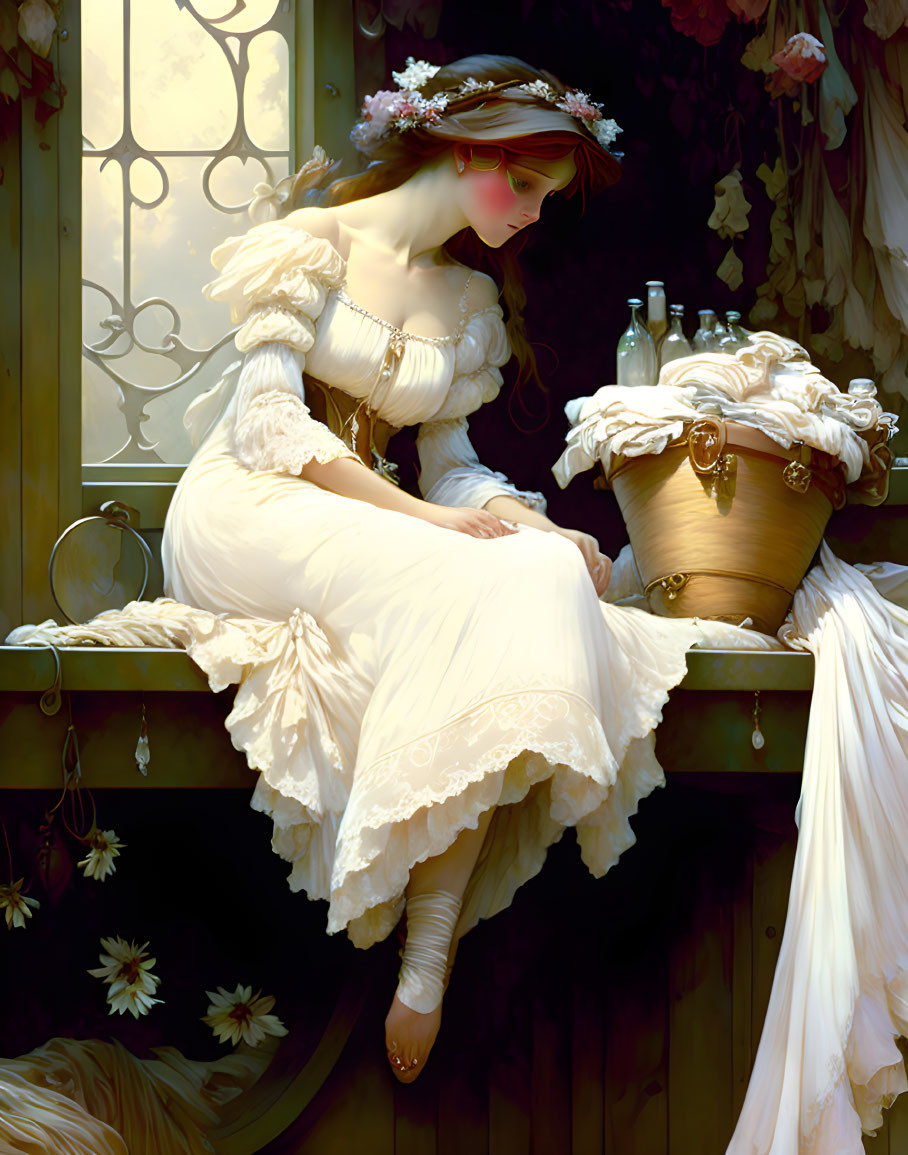 Young woman in white period dress with floral wreath sitting pensively in warmly lit scene