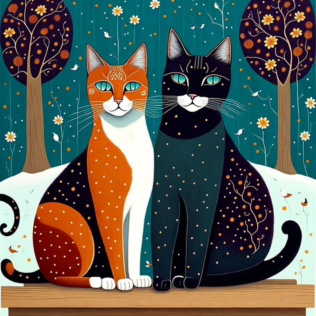 Stylized cats with decorative fur patterns in whimsical forest scene