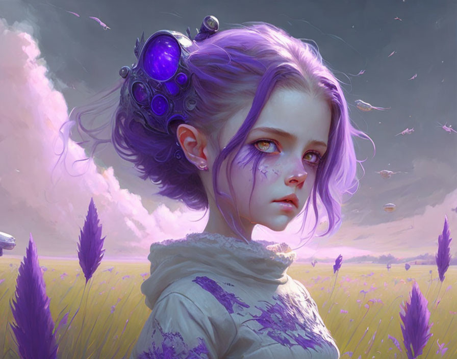 Digital artwork: Girl with purple hair and eyes, futuristic headgear, in lavender field under dramatic sky