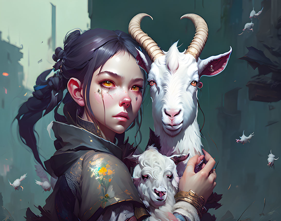 Fantasy illustration of young woman with braided hair and goat among floating petals