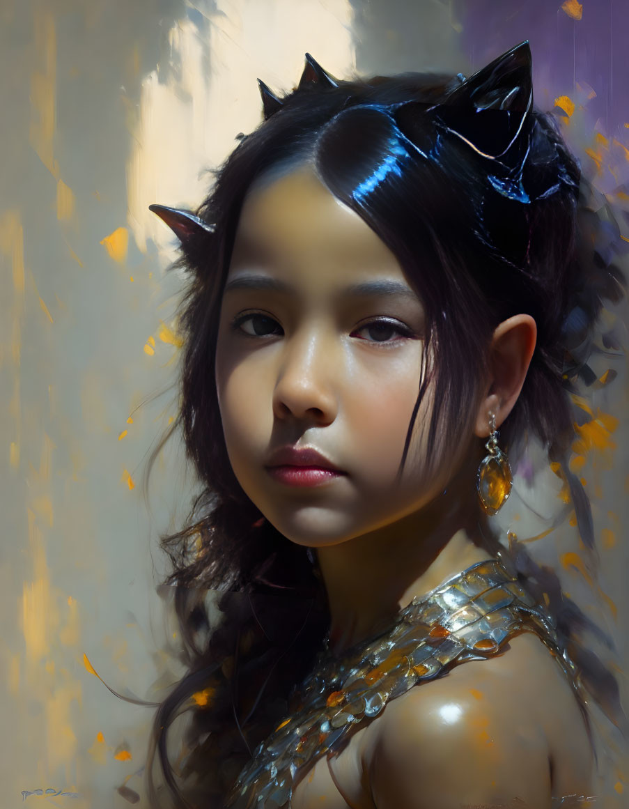 Serious young girl with cat-ear headband and golden accessories