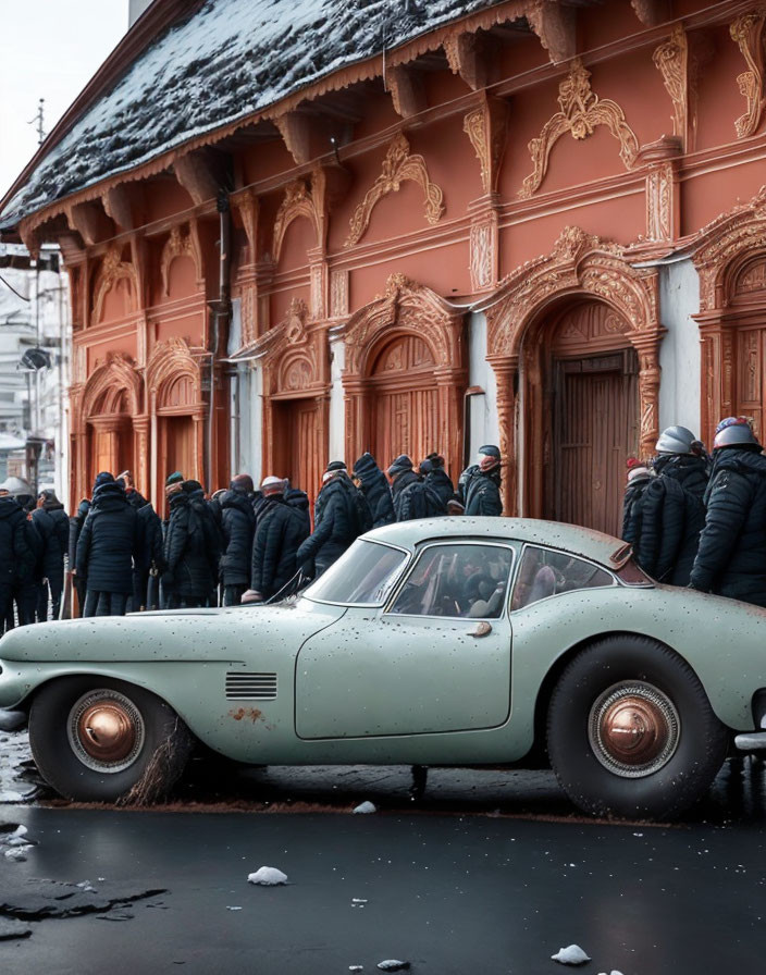 Vintage car parked on snowy street with people walking by ornate building