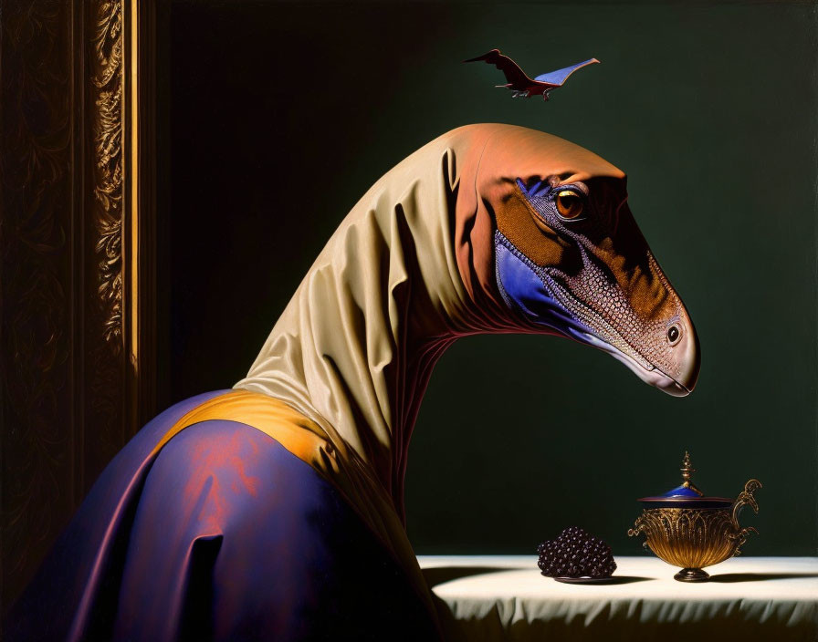 Surreal artwork: Dinosaur head on human body in classical attire with bird, teapot,