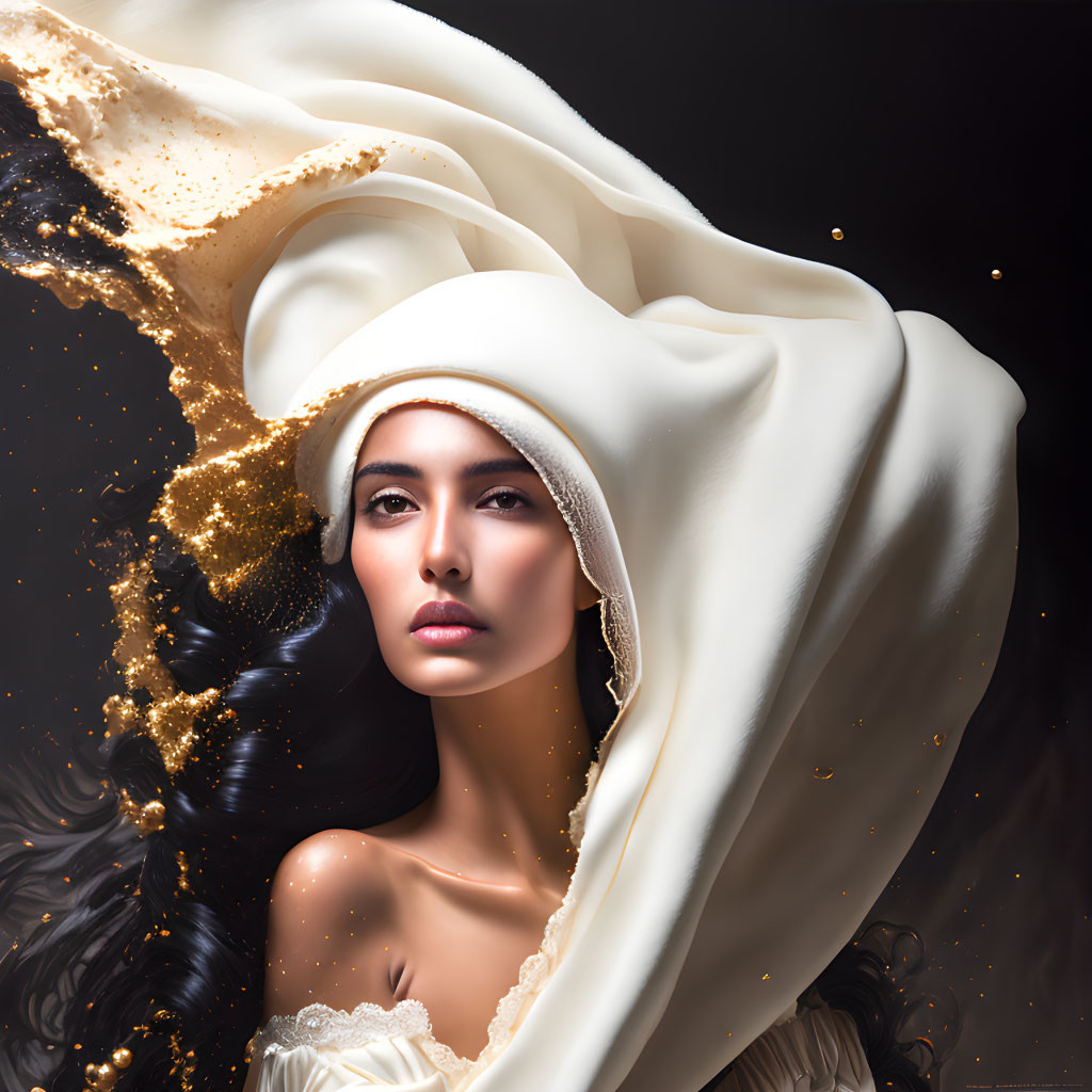 Woman in white fabric with gold splashes, serene face and dark hair