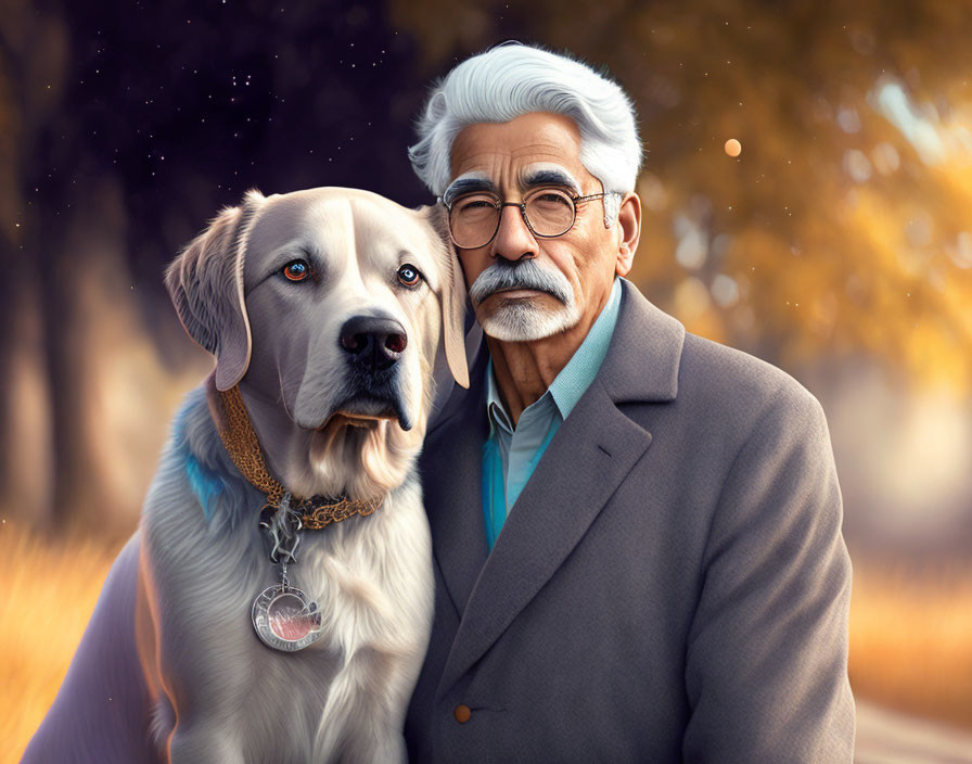 Elderly man with white hair and glasses in suit with light brown dog in autumn scene