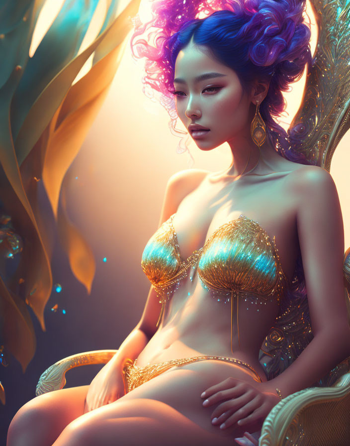 Fantasy Female Figure with Blue and Purple Hair in Golden Attire