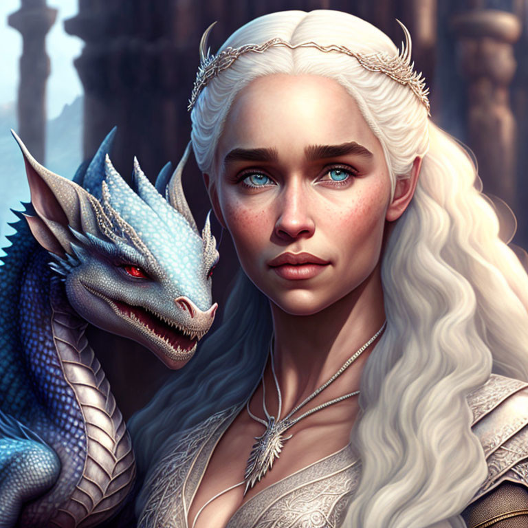 Fantasy illustration of white-haired woman with blue dragon against ancient structure.