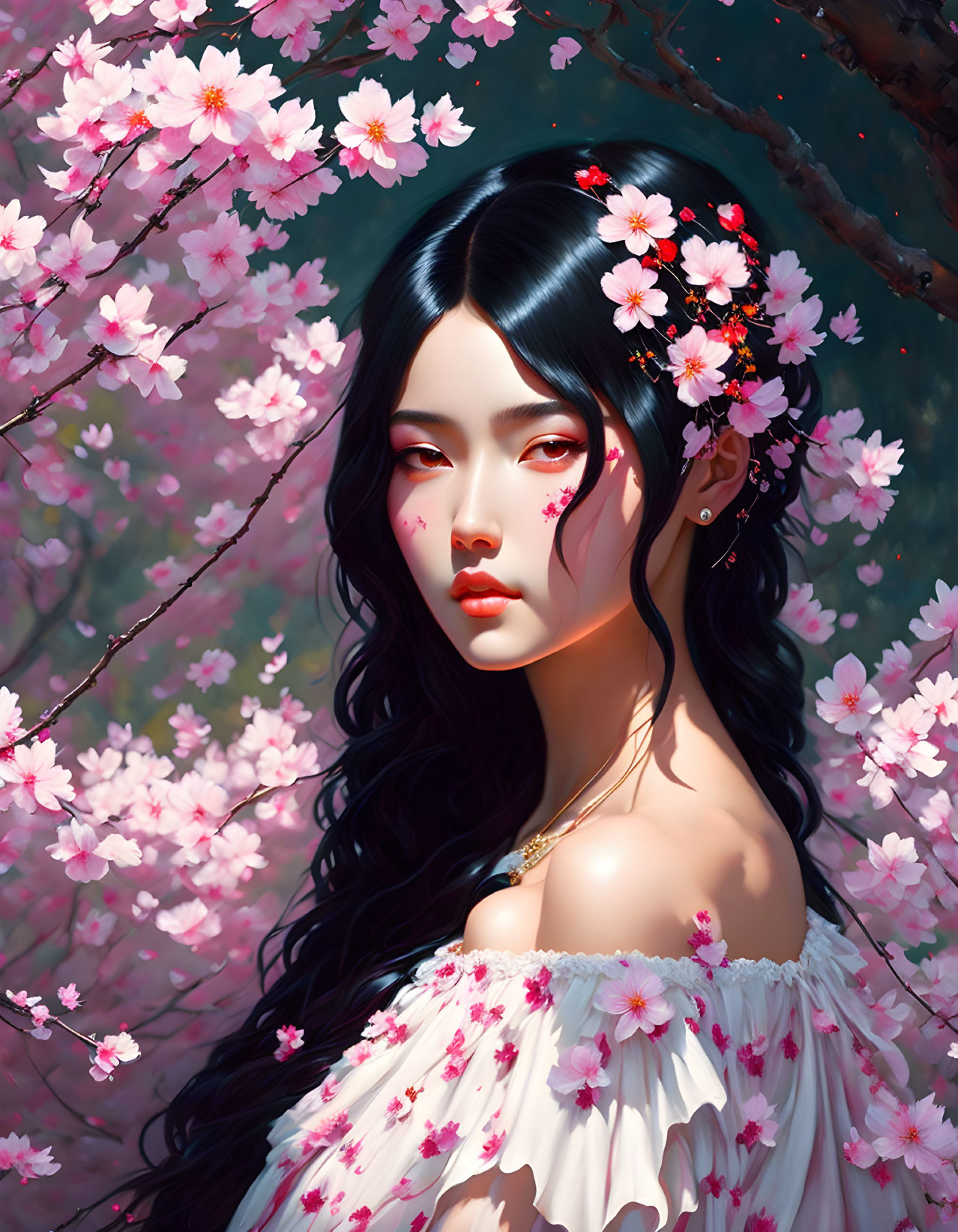 Woman with Long Black Hair and Cherry Blossoms in Digital Illustration