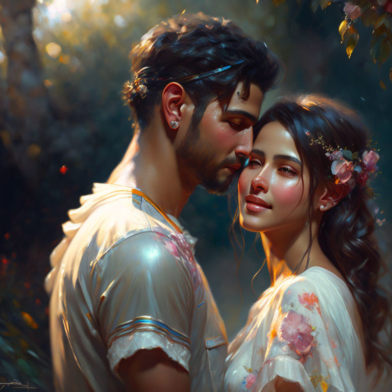 Couple's intimate portrait in sunlit forest with woman wearing flower in hair