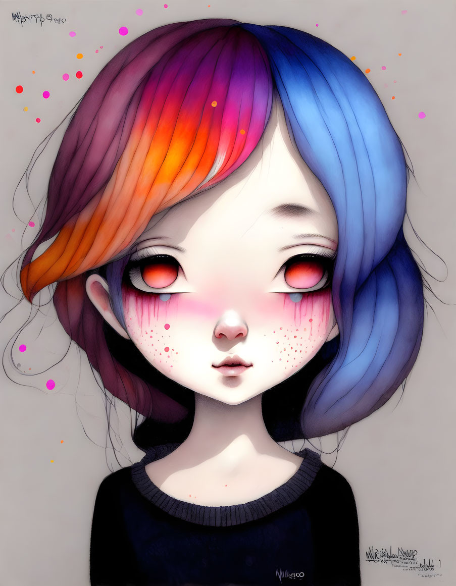 Illustration of girl with large eyes, multicolored hair, rosy cheeks, and freck