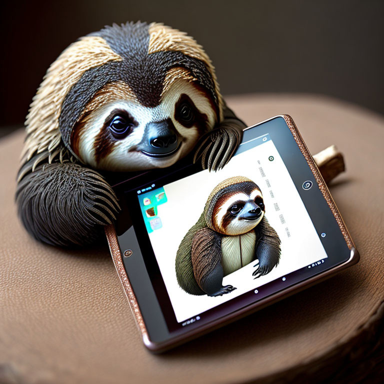 Sloth leaning on tablet with self-image on screen on brown surface