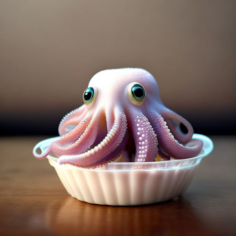 Whimsical octopus with cartoonish eyes in white bowl on wooden surface