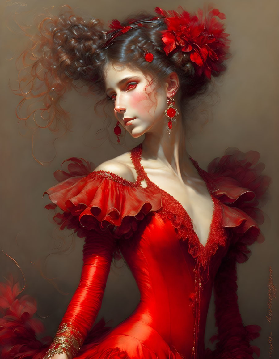 Woman in ornate red dress with flowers in hair gazes sideways