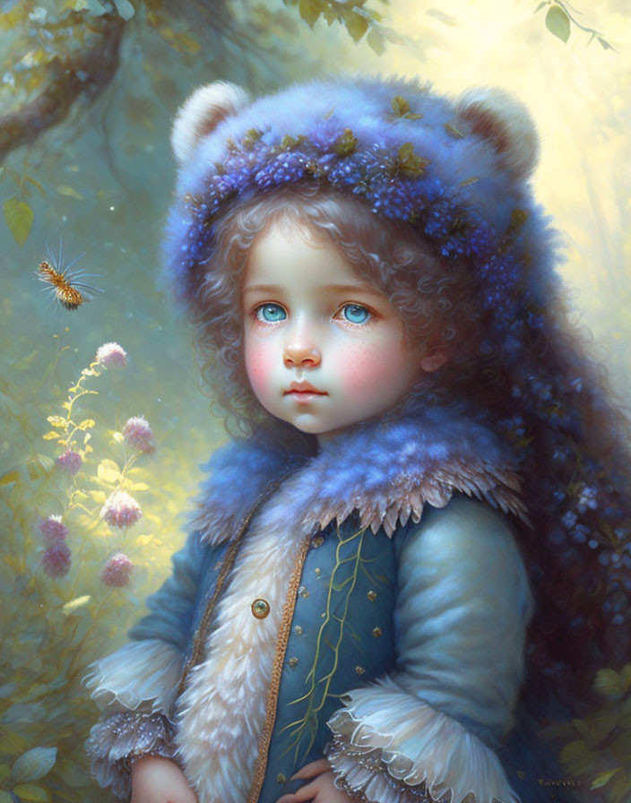 Young child in bear hat with blue eyes in forest scene