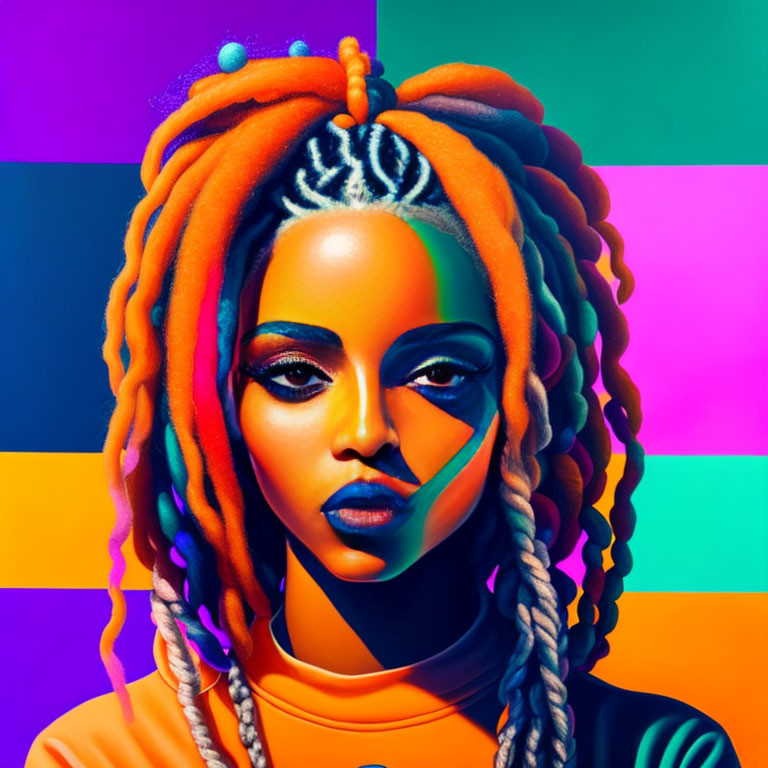 Colorful digital portrait of woman with dreadlocks and geometric shapes