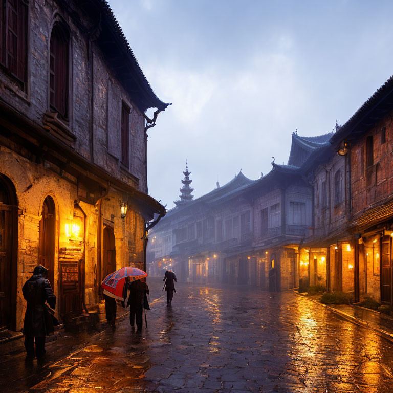 Misty Ancient Town Street Scene with Pedestrians and Warm Lights