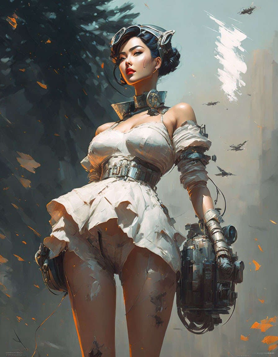 Futuristic steampunk woman in white outfit and mechanical gloves