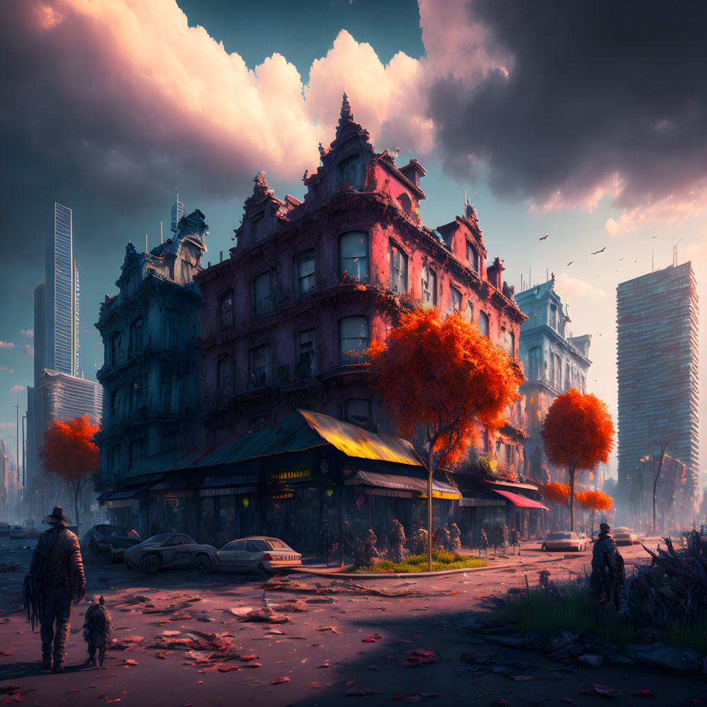 Dystopian cityscape artwork with futuristic elements and pedestrians