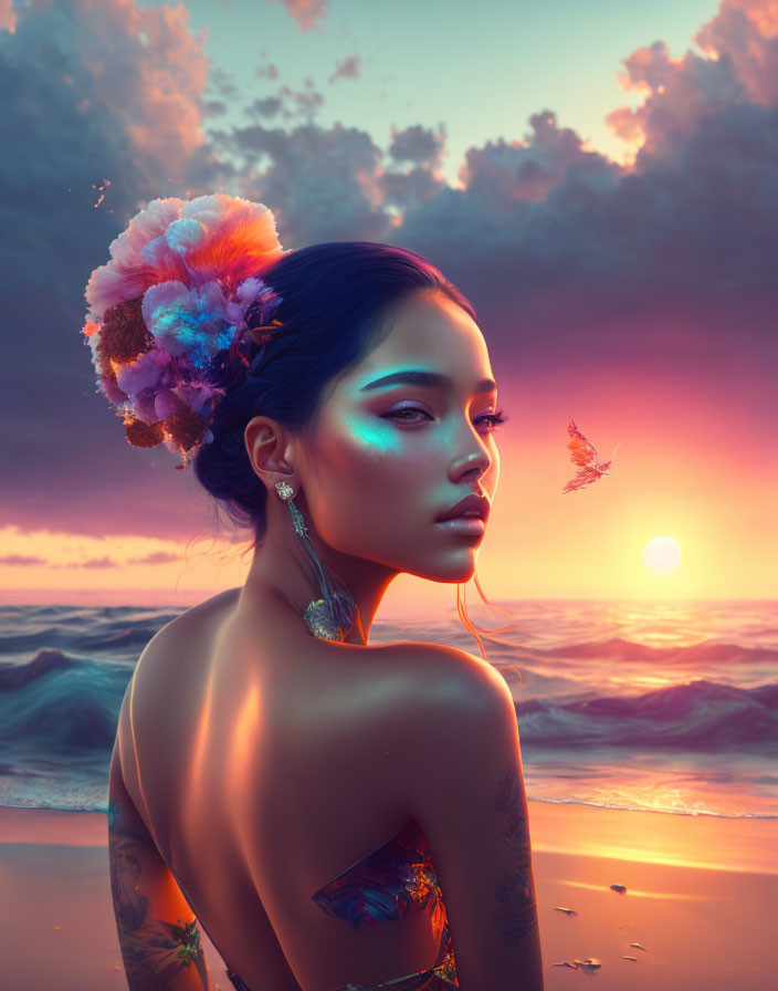 Woman with floral hair adornments in sunset backdrop with vibrant clouds, calm sea, and butterfly.