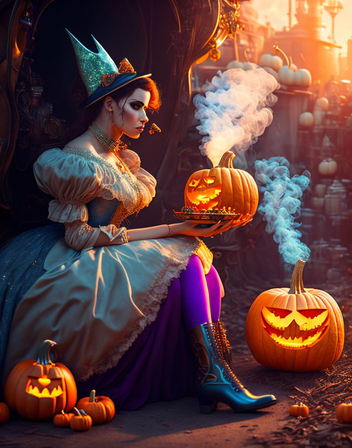 Stylish witch costume with smoking pumpkin in fantasy setting