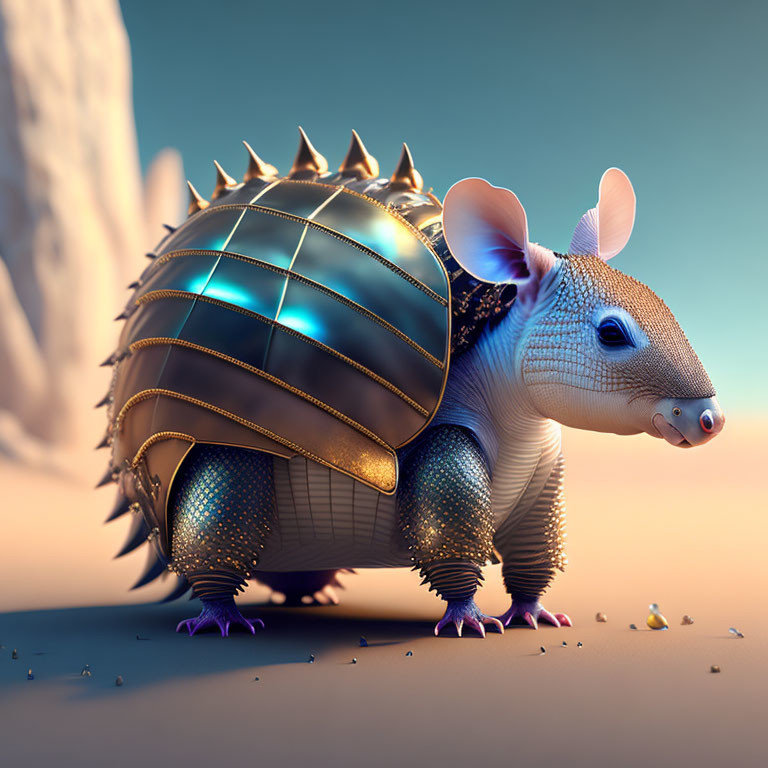 Fantastical armadillo-like creature with medieval armor shell in desert setting