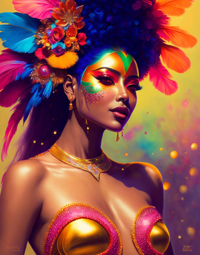 Vibrant woman with face paint and feather headdress in colorful illustration