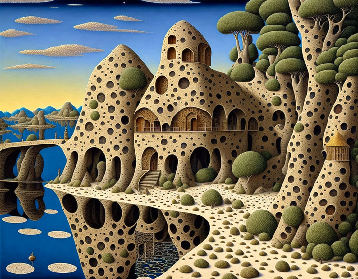 Surreal landscape with honeycomb structures, arches, trees, blue sky, and tranquil sea