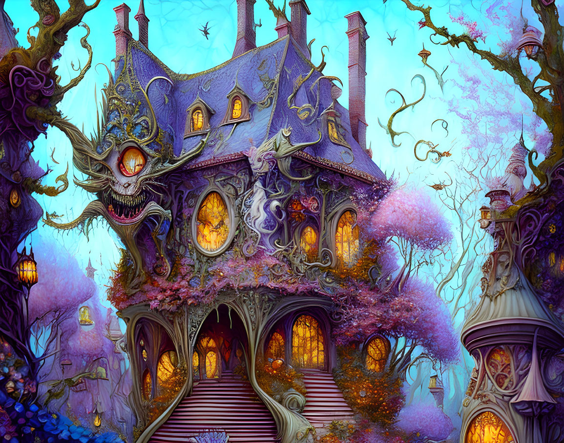 Whimsical house with face in magical, eerie setting