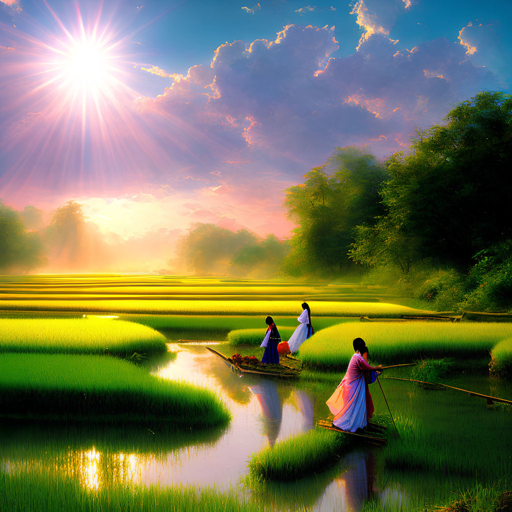 Scenic view of women walking in lush rice fields by water canal