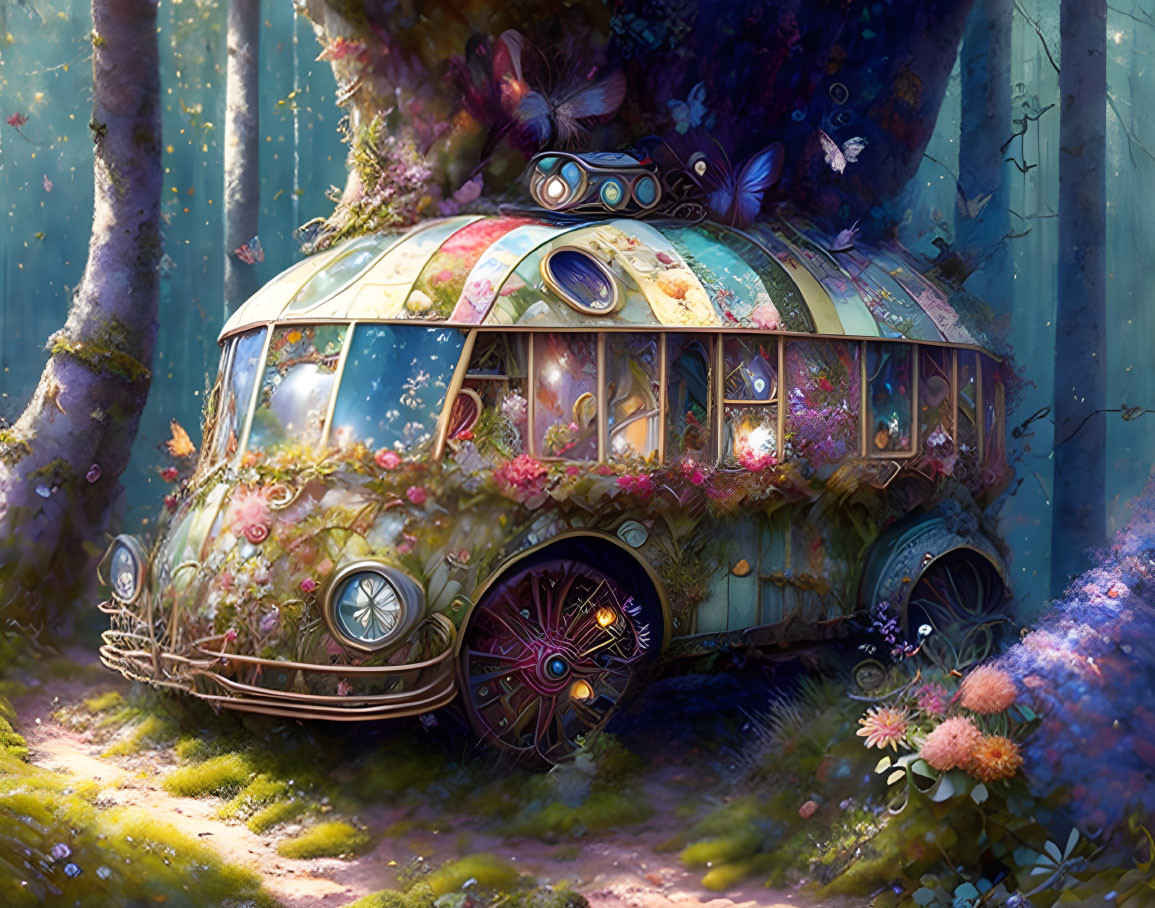 Illustration of vintage van adorned with flowers in enchanting forest.