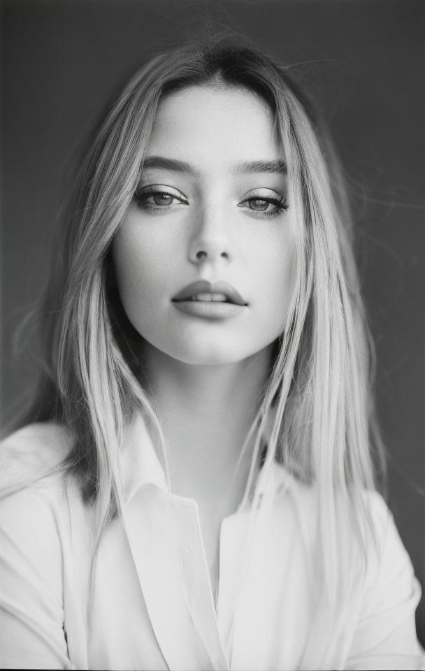 Monochrome portrait of young woman with blonde hair in white shirt