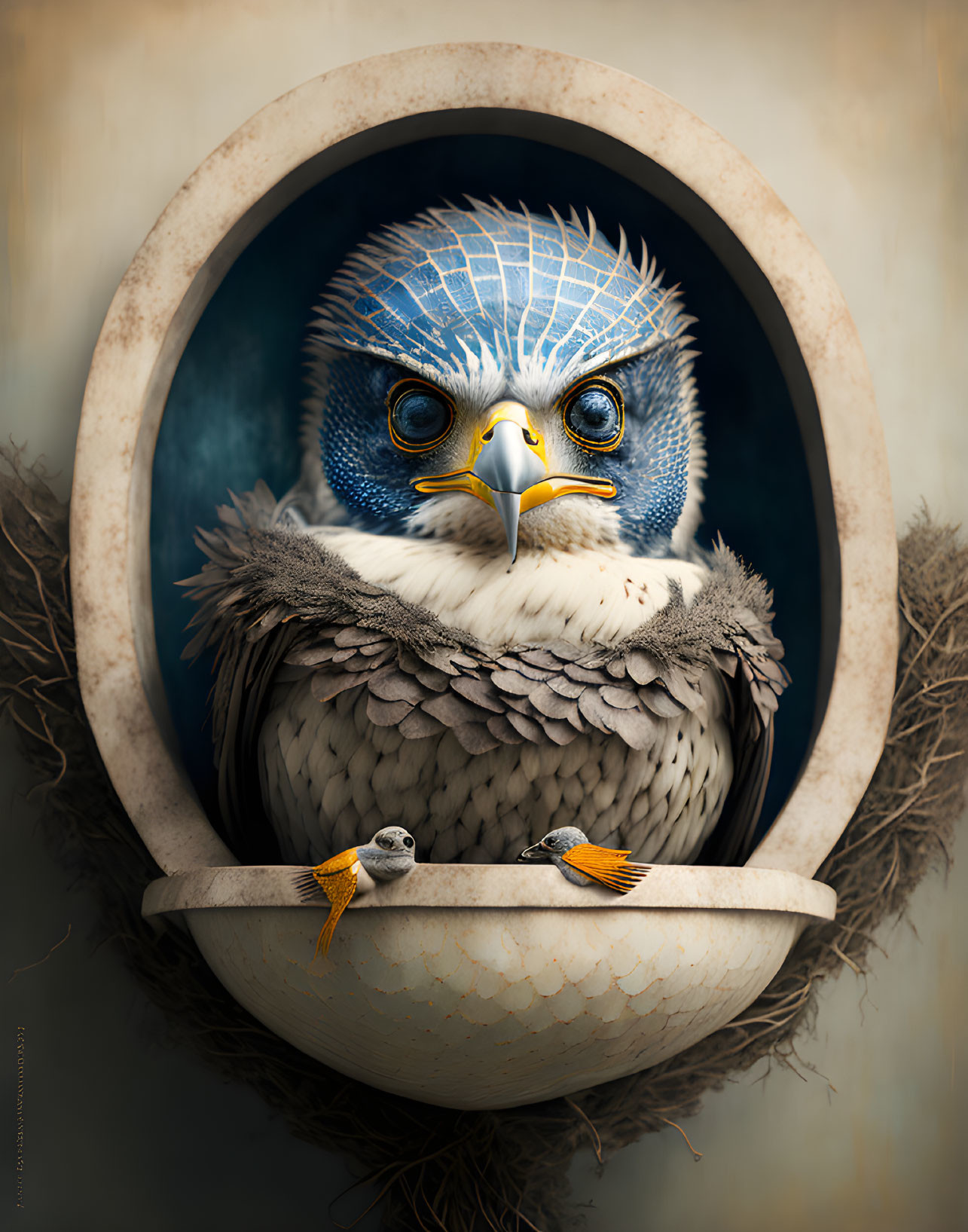 Majestic blue feathered bird in surreal oval frame with sharp gaze