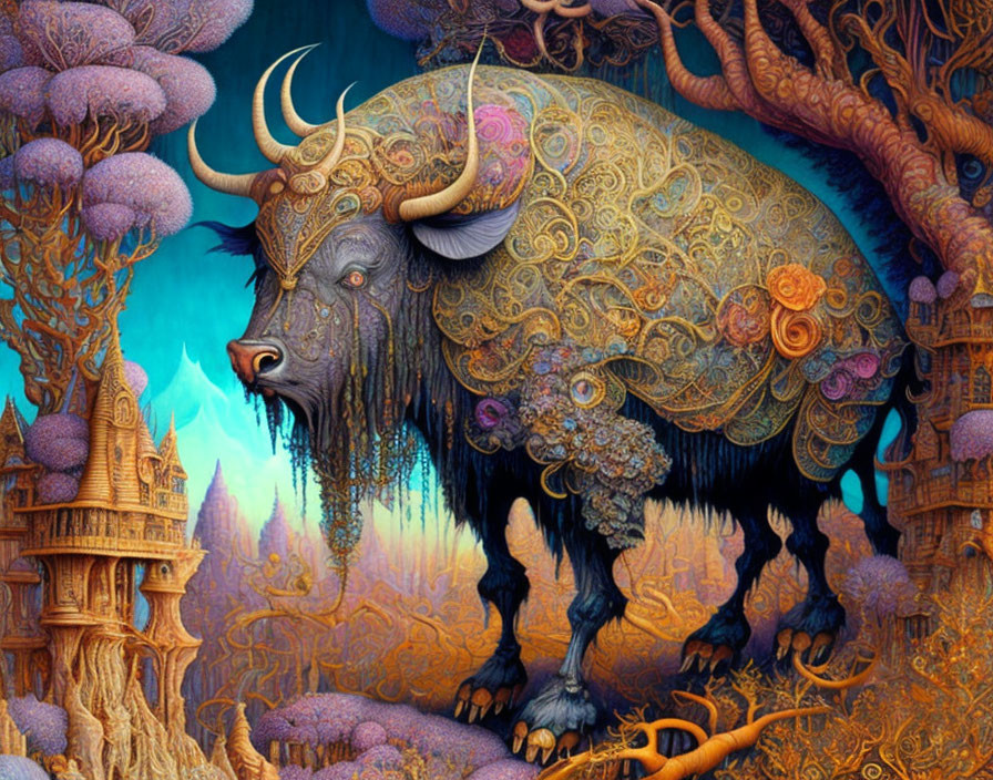 Ornately patterned bull in fantastical landscape with intricate foliage