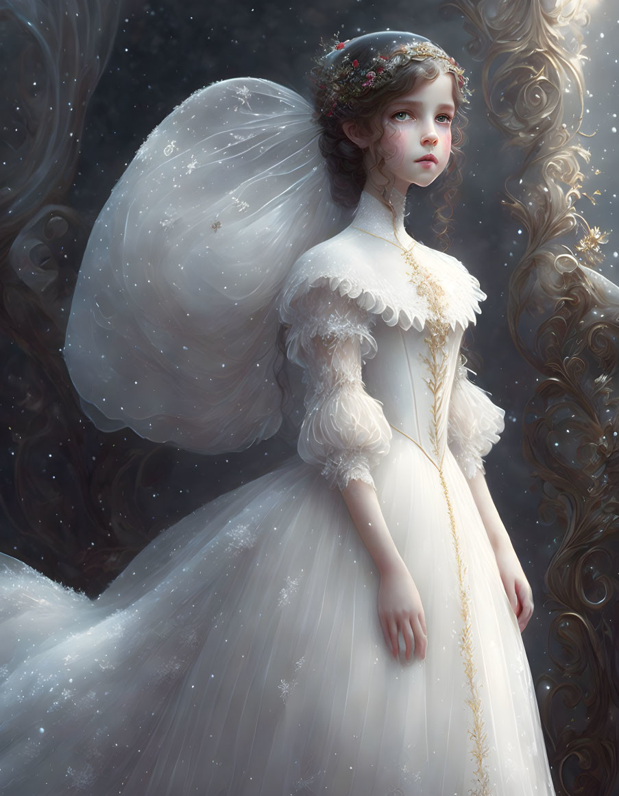 Young girl in angelic attire with white dress and gold accents, surrounded by swirling dark hues