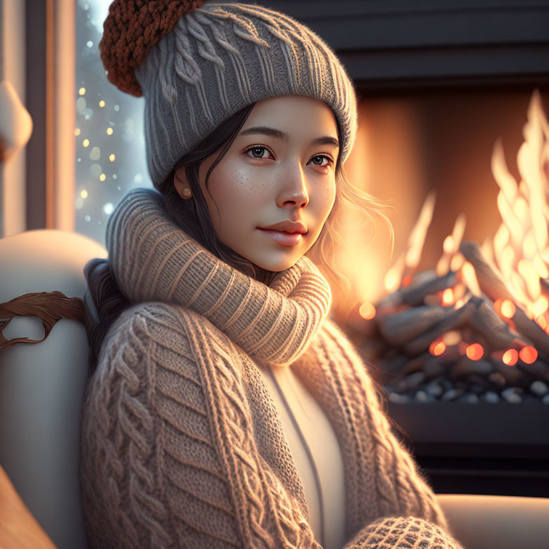 Woman in cozy sweater by fireplace with calm gaze