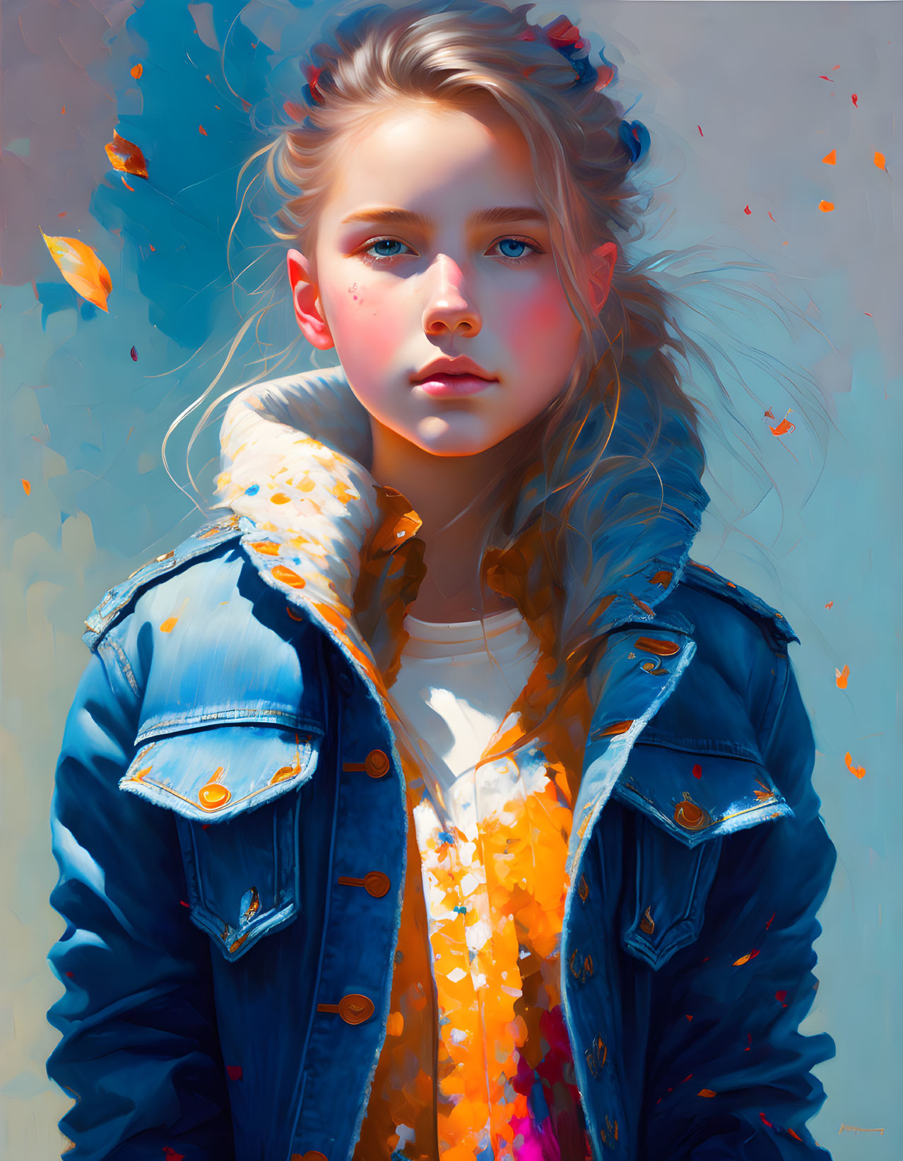 Young girl with blonde hair in denim jacket surrounded by orange leaves on blue backdrop