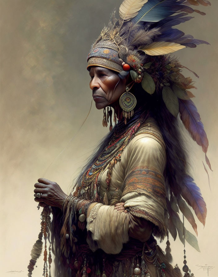 Native American man in traditional attire with feathered headdress and ceremonial ornaments