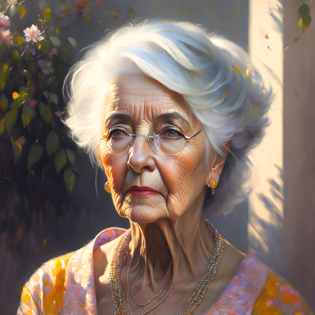 White-Haired Elderly Woman in Yellow Floral Blouse Contemplating Outdoors